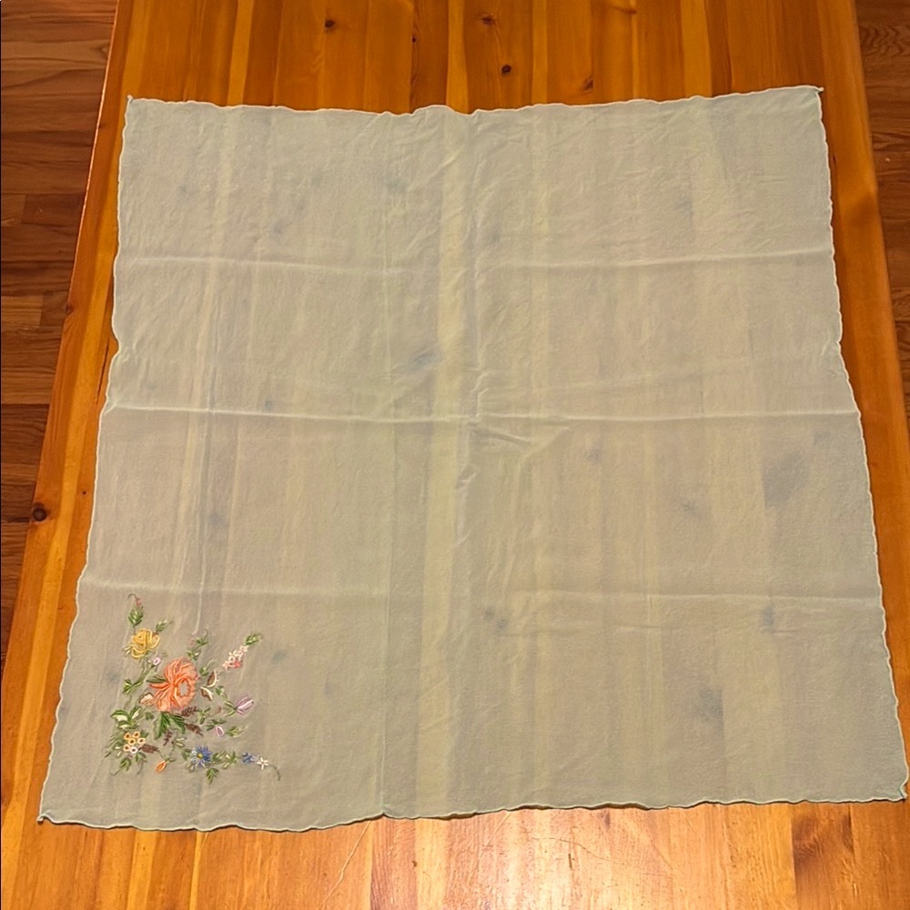 Vintage Chiffon Floral Embroidered Scarf in Light Blue - Picture 2 of 10